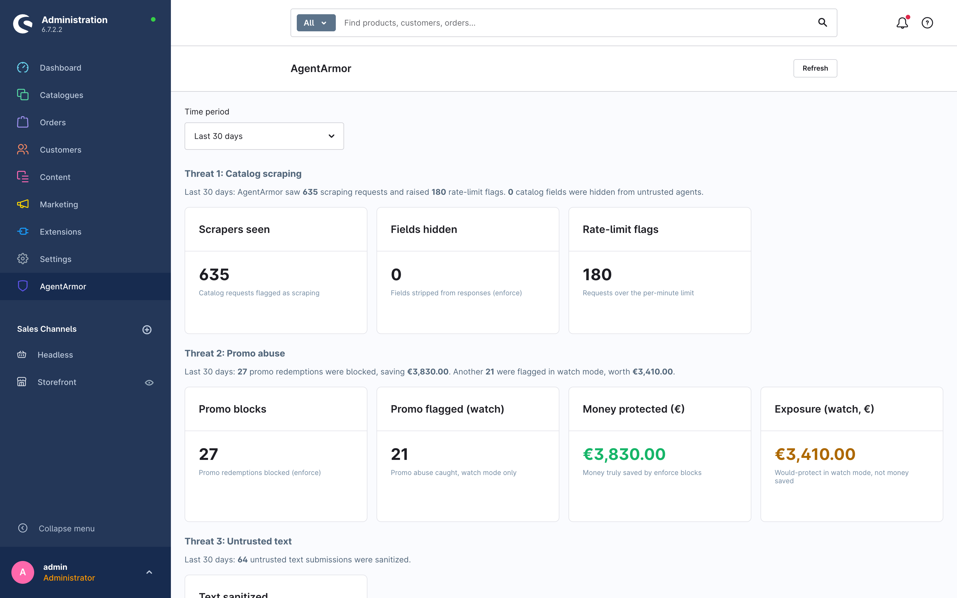 AgentArmor dashboard in Shopware admin: metric cards for catalog scraping, promo abuse, and untrusted text, with money protected and a live feed of every agent decision.